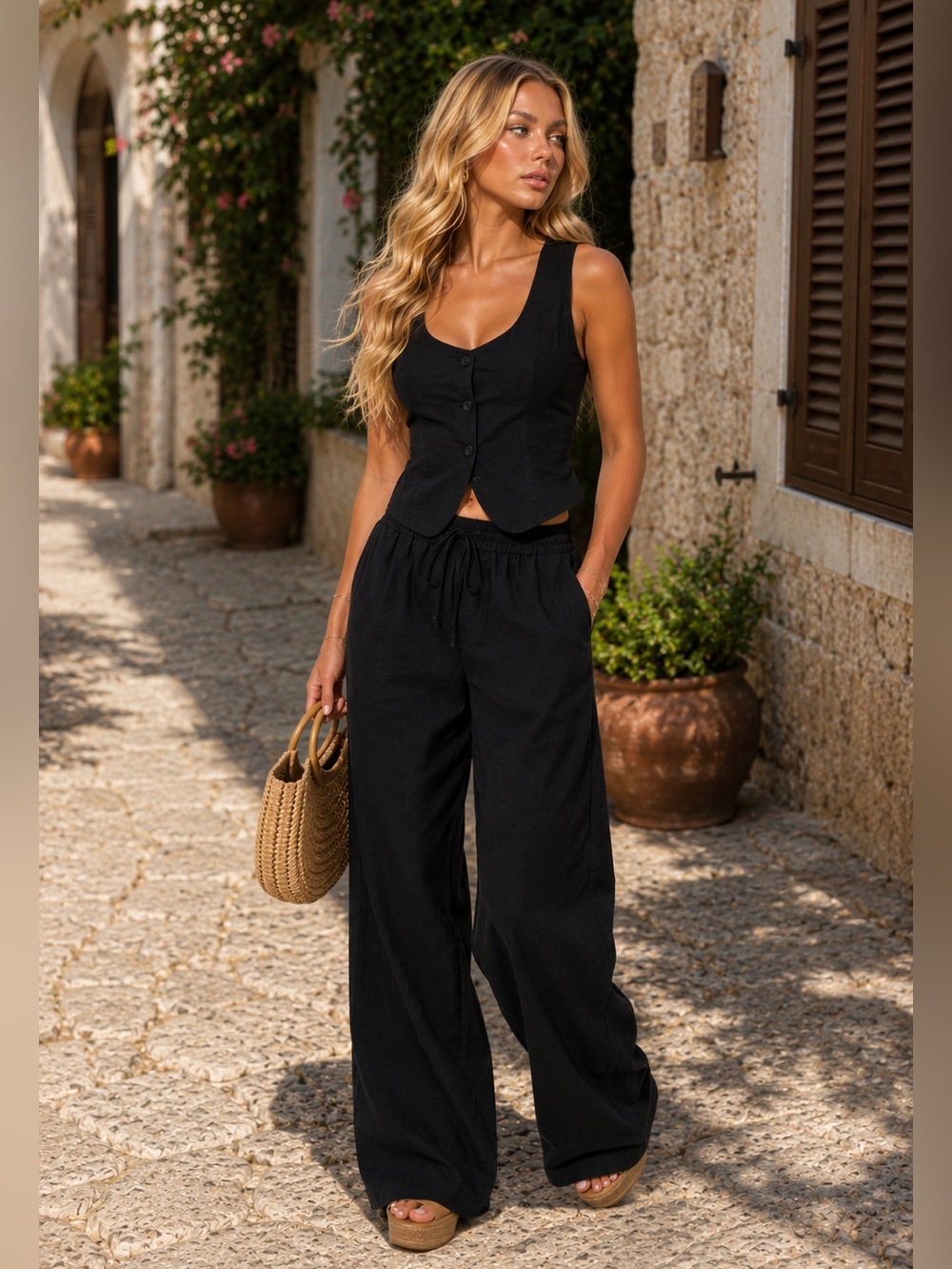 2 Piece Cotton Button Front Vest & Wide Leg Drawstring Pants Set black